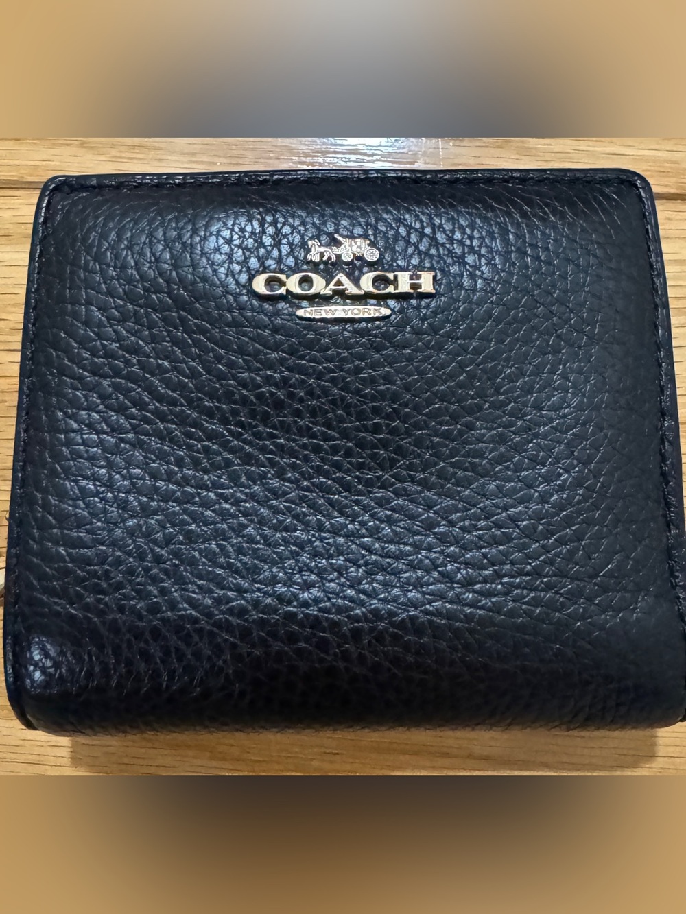 Coach Black Pebbled Leather Snap Wallet with Gold Logo